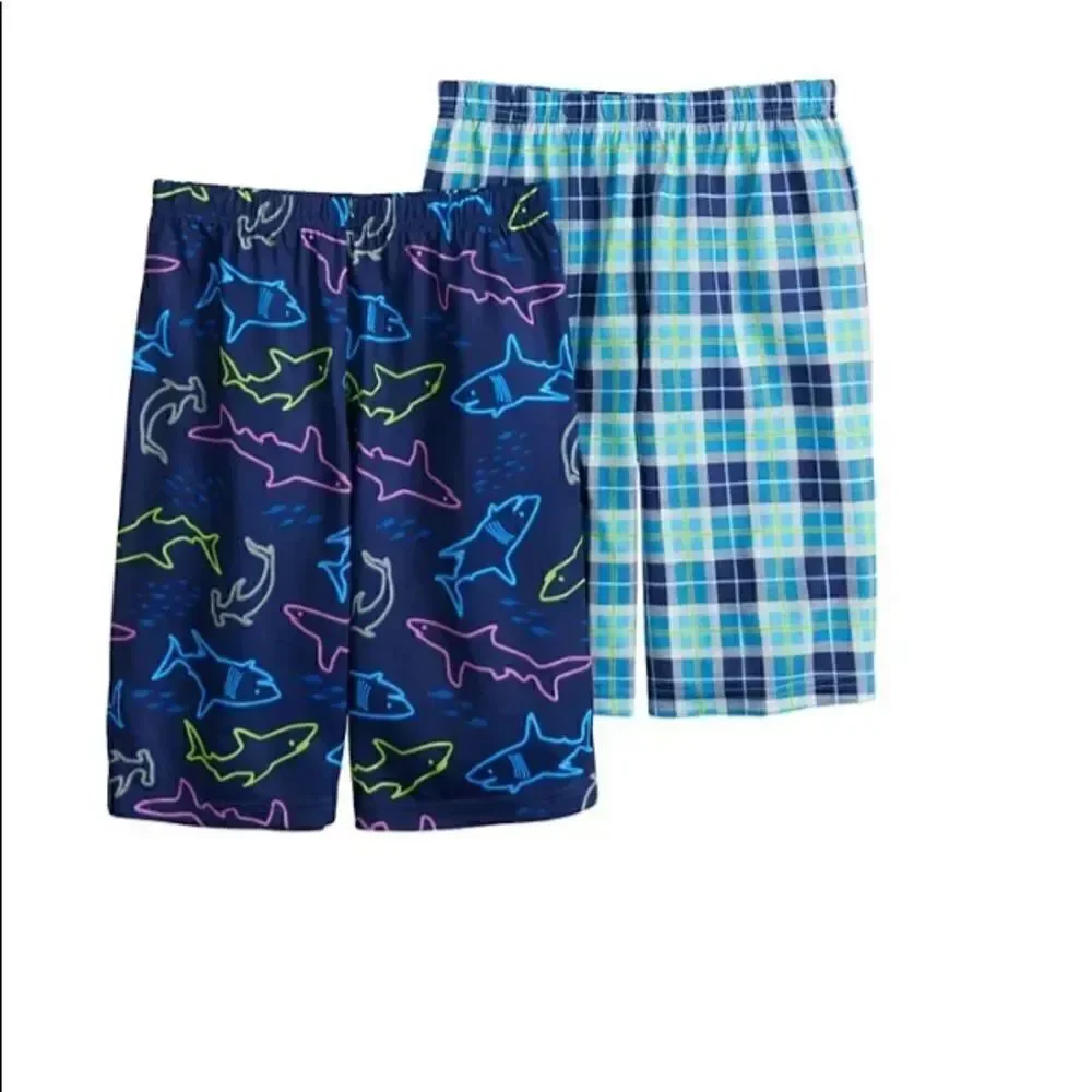 UP-LATE Boys Medium (6/8) 2-Pack All Day Sleep Shorts -Shark and Plaid  Prints